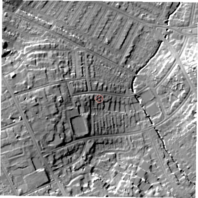 Shaded relief map of the ground around LE21LB, computed from Environment Agency LiDAR. The ground here sits at about 76 m above sea level and falls 23 m across the surrounding 800 m. Surface water reaching this point runs off ground lying to the west, 9.6 m higher.