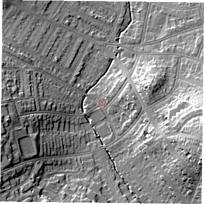 Shaded relief map of the ground around LE21LJ, computed from Environment Agency LiDAR. The ground here sits at about 70 m above sea level and falls 22 m across the surrounding 800 m. Surface water reaching this point runs off ground lying to the east-south-east, 19.1 m higher.