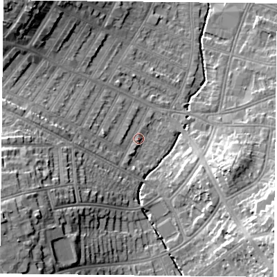 Shaded relief map of the ground around LE21PR, computed from Environment Agency LiDAR. The ground here sits at about 70 m above sea level and falls 23 m across the surrounding 800 m. Surface water reaching this point runs off ground lying to the south-west, 20.7 m higher.
