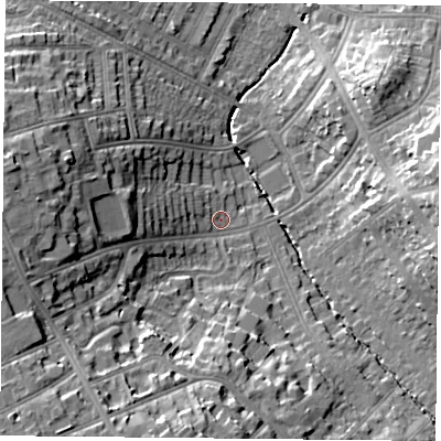Shaded relief map of the ground around LE21SA, computed from Environment Agency LiDAR. The ground here sits at about 72 m above sea level and falls 23 m across the surrounding 800 m. Surface water reaching this point runs off ground lying to the west, 16.7 m higher.