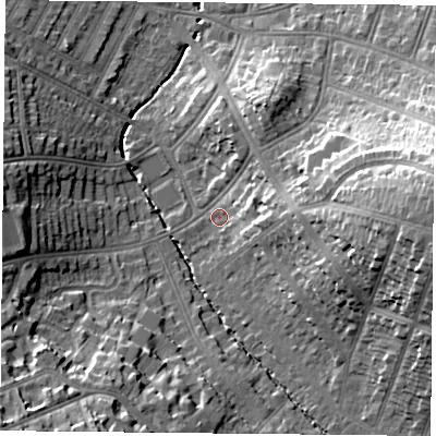 Shaded relief map of the ground around LE21SF, computed from Environment Agency LiDAR. The ground here sits at about 71 m above sea level and falls 23 m across the surrounding 800 m. Surface water reaching this point runs off ground lying to the east, 20.3 m higher.