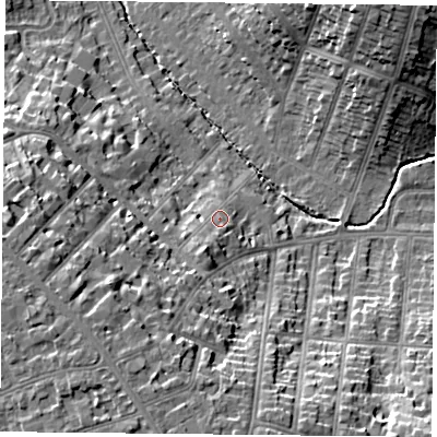 Shaded relief map of the ground around LE22BD, computed from Environment Agency LiDAR. The ground here sits at about 79 m above sea level and falls 23 m across the surrounding 800 m. Surface water reaching this point runs off ground lying to the south-south-west, 5.5 m higher.