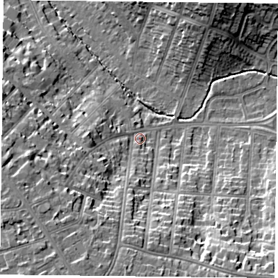 Shaded relief map of the ground around LE22EF, computed from Environment Agency LiDAR. The ground here sits at about 77 m above sea level and falls 22 m across the surrounding 800 m. Surface water reaching this point runs off ground lying to the south-south-west, 17.2 m higher.