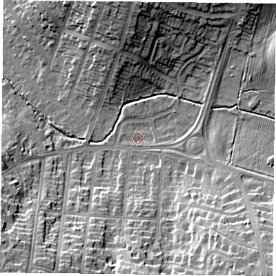 Shaded relief map of the ground around LE22FW, computed from Environment Agency LiDAR. The ground here sits at about 76 m above sea level and falls 21 m across the surrounding 800 m. Surface water reaching this point runs off ground lying to the east-south-east, 1.2 m higher.