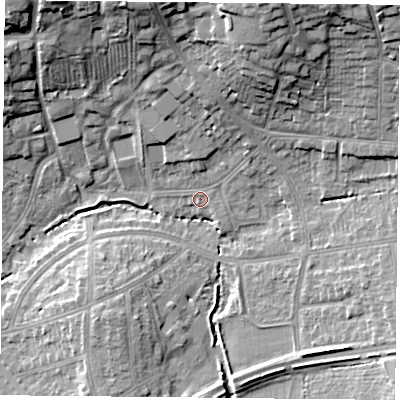 Shaded relief map of the ground around LE23PJ, computed from Environment Agency LiDAR. The ground here sits at about 69 m above sea level and falls 20 m across the surrounding 800 m. Surface water reaching this point runs off ground lying to the north-north-east, 6.2 m higher.