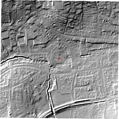 Shaded relief map of the ground around LE23PP, computed from Environment Agency LiDAR. The ground here sits at about 70 m above sea level and falls 19 m across the surrounding 800 m. Surface water reaching this point runs off ground lying to the north, 14.6 m higher.