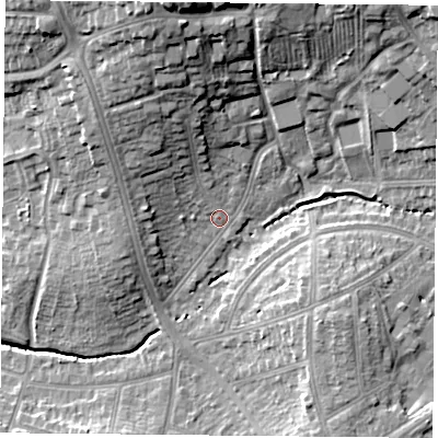 Shaded relief map of the ground around LE23WB, computed from Environment Agency LiDAR. The ground here sits at about 67 m above sea level and falls 22 m across the surrounding 800 m. Surface water reaching this point runs off ground lying to the north, 14.6 m higher.