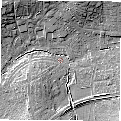 Shaded relief map of the ground around LE23WL, computed from Environment Agency LiDAR. The ground here sits at about 69 m above sea level and falls 17 m across the surrounding 800 m. Surface water reaching this point runs off ground lying to the north-north-east, 15.5 m higher.