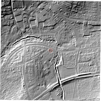 Shaded relief map of the ground around LE23WP, computed from Environment Agency LiDAR. The ground here sits at about 69 m above sea level and falls 16 m across the surrounding 800 m. Surface water reaching this point runs off ground lying to the south-east, 10.7 m higher.