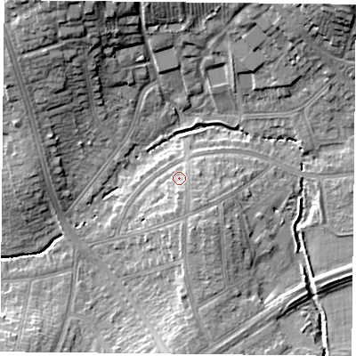 Shaded relief map of the ground around LE23YD, computed from Environment Agency LiDAR. The ground here sits at about 70 m above sea level and falls 18 m across the surrounding 800 m. Surface water reaching this point runs off ground lying to the south-east, 2.3 m higher.