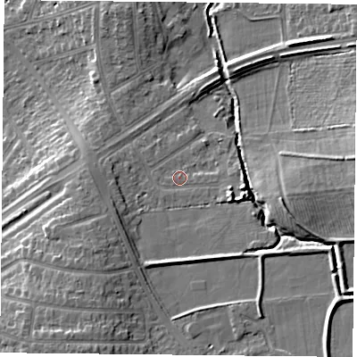Shaded relief map of the ground around LE23YL, computed from Environment Agency LiDAR. The ground here sits at about 72 m above sea level and falls 14 m across the surrounding 800 m. Surface water reaching this point runs off ground lying to the south-south-east, 3.2 m higher.