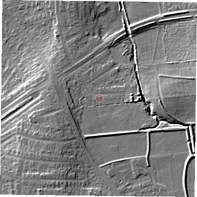 Shaded relief map of the ground around LE23YN, computed from Environment Agency LiDAR. The ground here sits at about 73 m above sea level and falls 14 m across the surrounding 800 m. Surface water reaching this point runs off ground lying to the south-east, 3.0 m higher.
