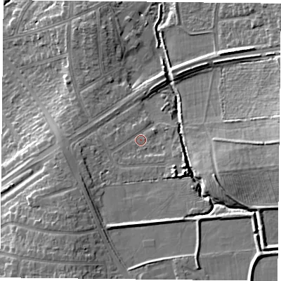 Shaded relief map of the ground around LE23YQ, computed from Environment Agency LiDAR. The ground here sits at about 72 m above sea level and falls 14 m across the surrounding 800 m. Surface water reaching this point runs off ground lying to the south-west, 5.4 m higher.