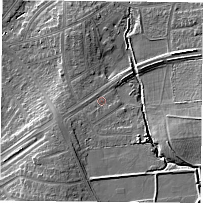 Shaded relief map of the ground around LE23YS, computed from Environment Agency LiDAR. The ground here sits at about 72 m above sea level and falls 13 m across the surrounding 800 m. Surface water reaching this point runs off ground lying to the south-west, 3.4 m higher.