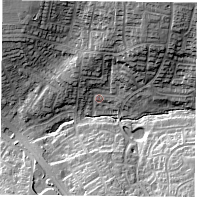 Shaded relief map of the ground around LE24JE, computed from Environment Agency LiDAR. The ground here sits at about 100 m above sea level and falls 29 m across the surrounding 800 m. Surface water reaching this point runs off ground lying to the north-east, 23.1 m higher.
