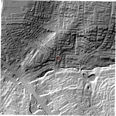 Shaded relief map of the ground around LE24PD, computed from Environment Agency LiDAR. The ground here sits at about 100 m above sea level and falls 29 m across the surrounding 800 m. Surface water reaching this point runs off ground lying to the north-north-east, 8.8 m higher.