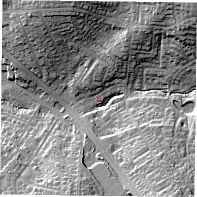 Shaded relief map of the ground around LE24PJ, computed from Environment Agency LiDAR. The ground here sits at about 97 m above sea level and falls 27 m across the surrounding 800 m. Surface water reaching this point runs off ground lying to the north-east, 24.9 m higher.