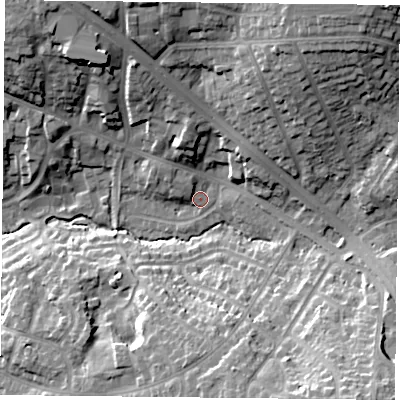 Shaded relief map of the ground around LE25AQ, computed from Environment Agency LiDAR. The ground here sits at about 93 m above sea level and falls 25 m across the surrounding 800 m. Surface water reaching this point runs off ground lying to the north-west, 2.2 m higher.