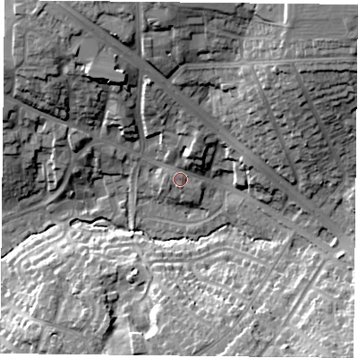 Shaded relief map of the ground around LE25DH, computed from Environment Agency LiDAR. The ground here sits at about 96 m above sea level and falls 27 m across the surrounding 800 m. Surface water reaching this point runs off ground lying to the north-north-east, 5.7 m higher.