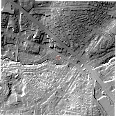 Shaded relief map of the ground around LE25DJ, computed from Environment Agency LiDAR. The ground here sits at about 94 m above sea level and falls 24 m across the surrounding 800 m. Surface water reaching this point runs off ground lying to the north-north-east, 20.0 m higher.