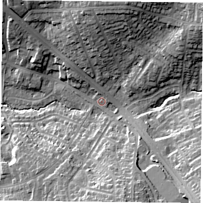 Shaded relief map of the ground around LE25DQ, computed from Environment Agency LiDAR. The ground here sits at about 95 m above sea level and falls 24 m across the surrounding 800 m. Surface water reaching this point runs off ground lying to the south-south-east, 20.2 m higher.