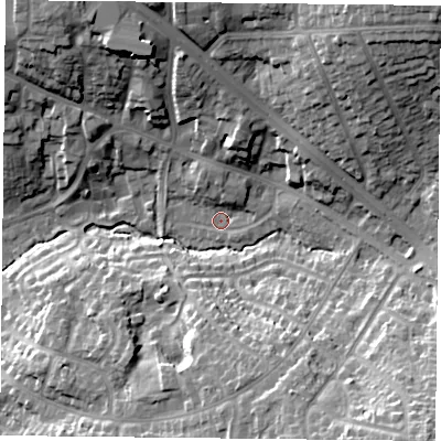 Shaded relief map of the ground around LE25ED, computed from Environment Agency LiDAR. The ground here sits at about 92 m above sea level and falls 25 m across the surrounding 800 m. Surface water reaching this point runs off ground lying to the north-east, 22.2 m higher.