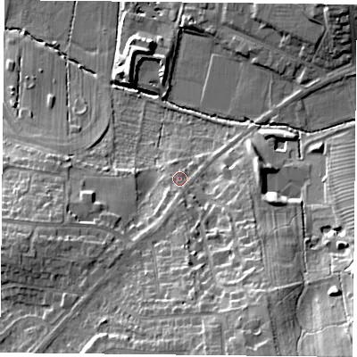 Shaded relief map of the ground around LE25JE, computed from Environment Agency LiDAR. The ground here sits at about 90 m above sea level and falls 28 m across the surrounding 800 m. Surface water reaching this point runs off ground lying to the south-south-west, 3.7 m higher.