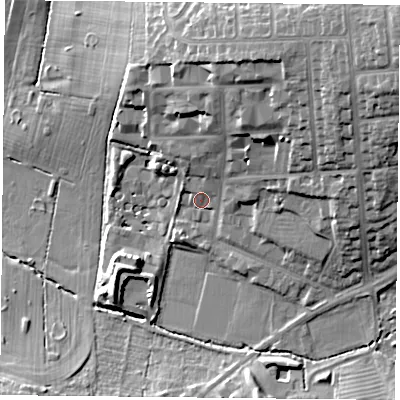 Shaded relief map of the ground around LE25LT, computed from Environment Agency LiDAR. The ground here sits at about 87 m above sea level and falls 24 m across the surrounding 800 m. Surface water reaching this point runs off ground lying to the north-east, 14.6 m higher.