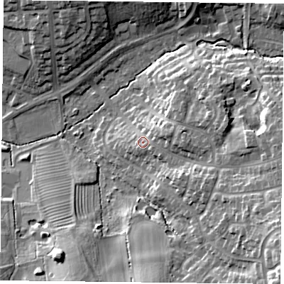 Shaded relief map of the ground around LE25PP, computed from Environment Agency LiDAR. The ground here sits at about 94 m above sea level and falls 25 m across the surrounding 800 m. Surface water reaching this point runs off ground lying to the east-south-east, 15.8 m higher.