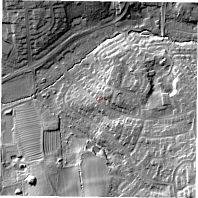 Shaded relief map of the ground around LE25PQ, computed from Environment Agency LiDAR. The ground here sits at about 96 m above sea level and falls 28 m across the surrounding 800 m. Surface water reaching this point runs off ground lying to the south-east, 16.7 m higher.