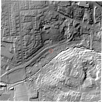 Shaded relief map of the ground around LE25QF, computed from Environment Agency LiDAR. The ground here sits at about 90 m above sea level and falls 23 m across the surrounding 800 m. Surface water reaching this point runs off ground lying to the north-north-east, 1.1 m higher.