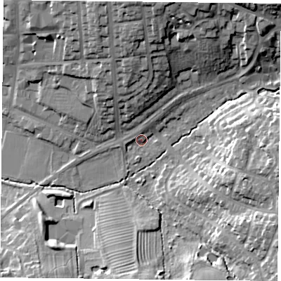 Shaded relief map of the ground around LE25QG, computed from Environment Agency LiDAR. The ground here sits at about 88 m above sea level and falls 20 m across the surrounding 800 m. Surface water reaching this point runs off ground lying to the north, 15.9 m higher.