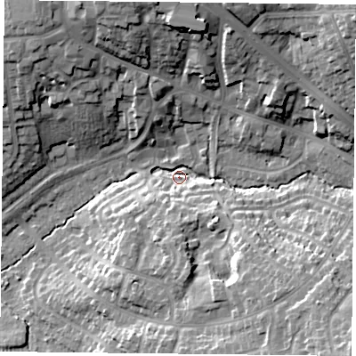 Shaded relief map of the ground around LE25QN, computed from Environment Agency LiDAR. The ground here sits at about 92 m above sea level and falls 25 m across the surrounding 800 m. Surface water reaching this point runs off ground lying to the north-east, 19.9 m higher.