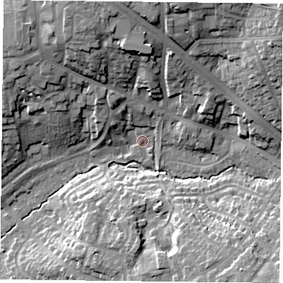 Shaded relief map of the ground around LE25QP, computed from Environment Agency LiDAR. The ground here sits at about 92 m above sea level and falls 26 m across the surrounding 800 m. Surface water reaching this point runs off ground lying to the north-north-west, 18.4 m higher.