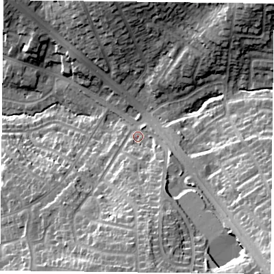 Shaded relief map of the ground around LE25RS, computed from Environment Agency LiDAR. The ground here sits at about 97 m above sea level and falls 28 m across the surrounding 800 m. Surface water reaching this point runs off ground lying to the south, 21.1 m higher.