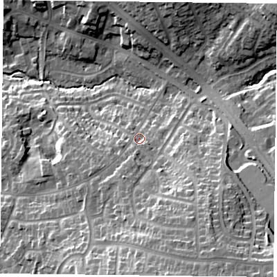 Shaded relief map of the ground around LE25SB, computed from Environment Agency LiDAR. The ground here sits at about 101 m above sea level and falls 30 m across the surrounding 800 m. Surface water reaching this point runs off ground lying to the south-south-west, 9.3 m higher.