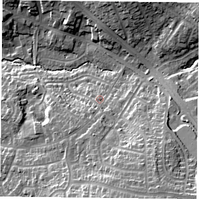 Shaded relief map of the ground around LE25SE, computed from Environment Agency LiDAR. The ground here sits at about 100 m above sea level and falls 29 m across the surrounding 800 m. Surface water reaching this point runs off ground lying to the south, 9.8 m higher.