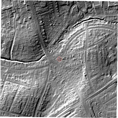 Shaded relief map of the ground around LE26EN, computed from Environment Agency LiDAR. The ground here sits at about 66 m above sea level and falls 15 m across the surrounding 800 m. Surface water reaching this point runs off ground lying to the north-north-west, 9.5 m higher.
