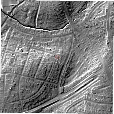 Shaded relief map of the ground around LE26FH, computed from Environment Agency LiDAR. The ground here sits at about 70 m above sea level and falls 18 m across the surrounding 800 m. Surface water reaching this point runs off ground lying to the south-west, 5.7 m higher.