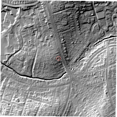 Shaded relief map of the ground around LE26FP, computed from Environment Agency LiDAR. The ground here sits at about 69 m above sea level and falls 18 m across the surrounding 800 m. Surface water reaching this point runs off ground lying to the north-north-west, 7.9 m higher.