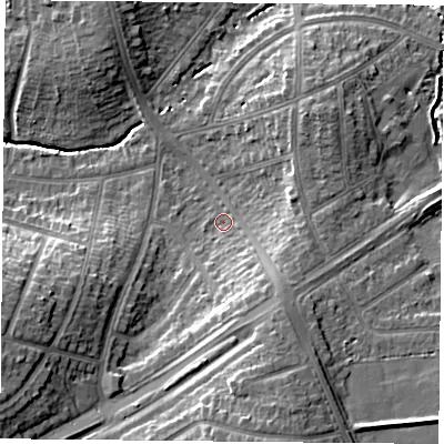 Shaded relief map of the ground around LE26FQ, computed from Environment Agency LiDAR. The ground here sits at about 67 m above sea level and falls 16 m across the surrounding 800 m. Surface water reaching this point runs off ground lying to the south-south-east, 7.3 m higher.