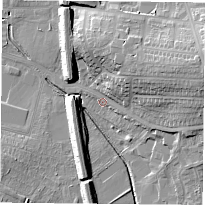Shaded relief map of the ground around LE26FT, computed from Environment Agency LiDAR. The ground here sits at about 63 m above sea level and falls 25 m across the surrounding 800 m. Surface water reaching this point runs off ground lying to the east-north-east, 18.5 m higher.