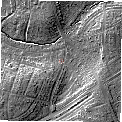 Shaded relief map of the ground around LE26GD, computed from Environment Agency LiDAR. The ground here sits at about 66 m above sea level and falls 16 m across the surrounding 800 m. Surface water reaching this point runs off ground lying to the south-south-east, 10.9 m higher.