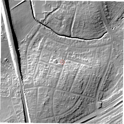 Shaded relief map of the ground around LE26HN, computed from Environment Agency LiDAR. The ground here sits at about 68 m above sea level and falls 18 m across the surrounding 800 m. Surface water reaching this point runs off ground lying to the south-south-west, 10.5 m higher.
