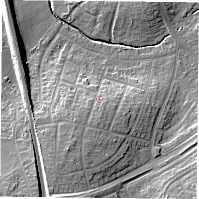 Shaded relief map of the ground around LE26HQ, computed from Environment Agency LiDAR. The ground here sits at about 73 m above sea level and falls 21 m across the surrounding 800 m. Surface water reaching this point runs off ground lying to the south-south-west, 6.0 m higher.