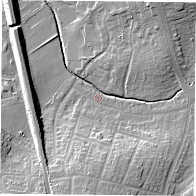 Shaded relief map of the ground around LE26HU, computed from Environment Agency LiDAR. The ground here sits at about 64 m above sea level and falls 18 m across the surrounding 800 m. Surface water reaching this point runs off ground lying to the south, 15.1 m higher.