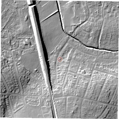 Shaded relief map of the ground around LE26JP, computed from Environment Agency LiDAR. The ground here sits at about 65 m above sea level and falls 18 m across the surrounding 800 m. Surface water reaching this point runs off ground lying to the south-south-east, 13.6 m higher.