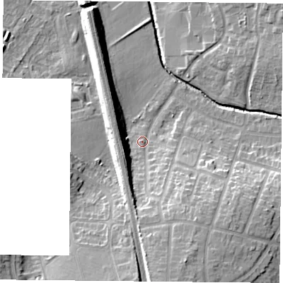 Shaded relief map of the ground around LE26JQ, computed from Environment Agency LiDAR. The ground here sits at about 65 m above sea level and falls 18 m across the surrounding 800 m. Surface water reaching this point runs off ground lying to the south-south-east, 13.1 m higher.