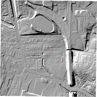 Shaded relief map of the ground around LE26LG, computed from Environment Agency LiDAR. The ground here sits at about 60 m above sea level and falls 19 m across the surrounding 800 m. Surface water reaching this point runs off ground lying to the east-south-east, 15.2 m higher.