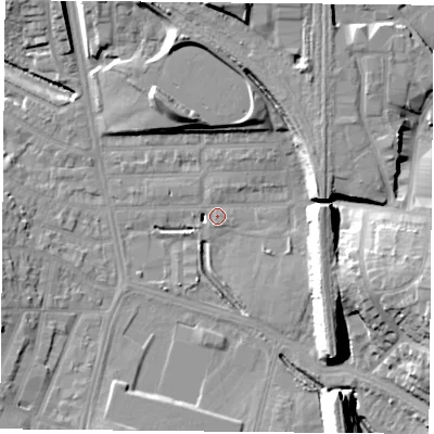 Shaded relief map of the ground around LE26LH, computed from Environment Agency LiDAR. The ground here sits at about 60 m above sea level and falls 19 m across the surrounding 800 m. Surface water reaching this point runs off ground lying to the east-south-east, 15.2 m higher.